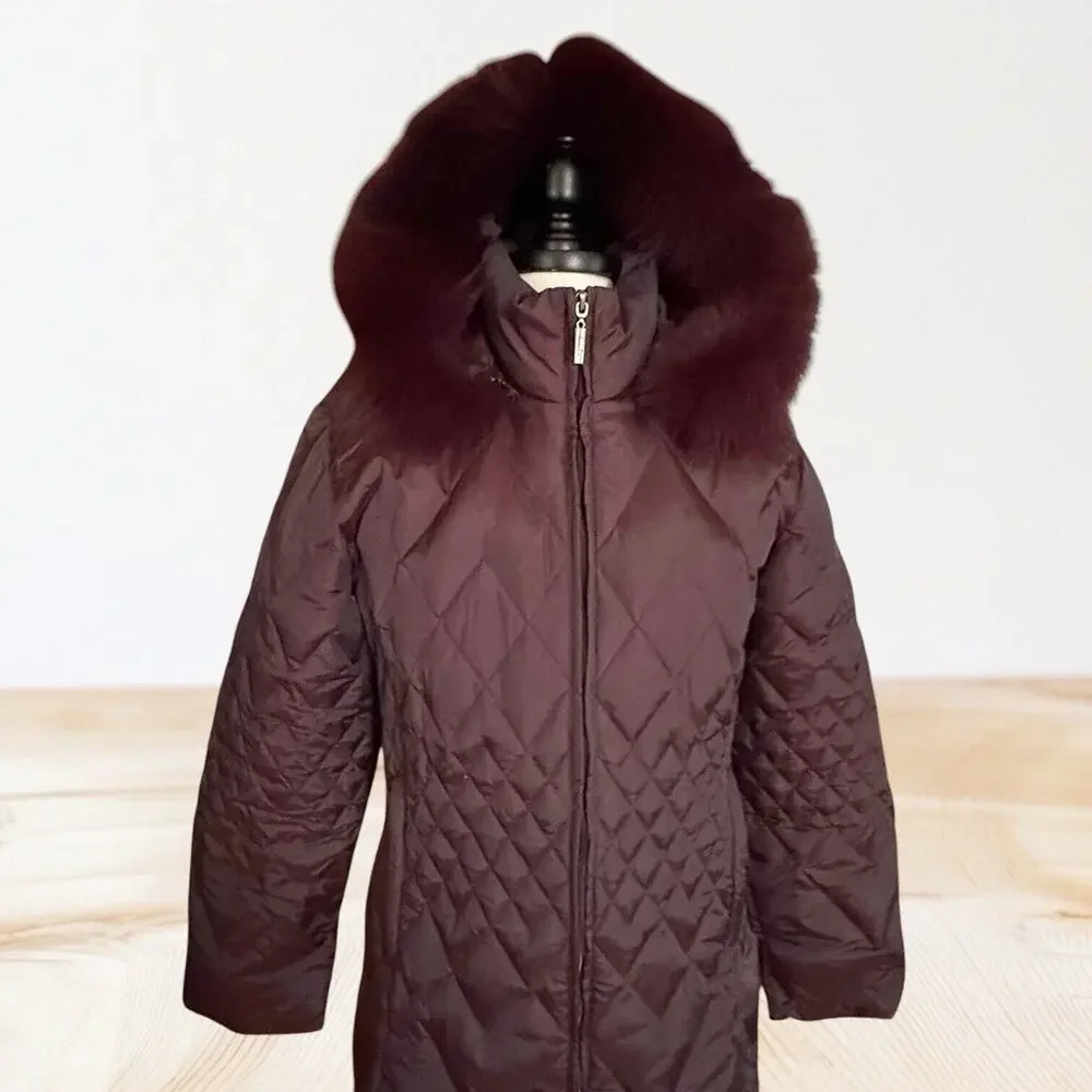 Vintage Regency Down Puffer‎ Coat Sz S Plum Fur Trim Hood Diamond Quilting $490